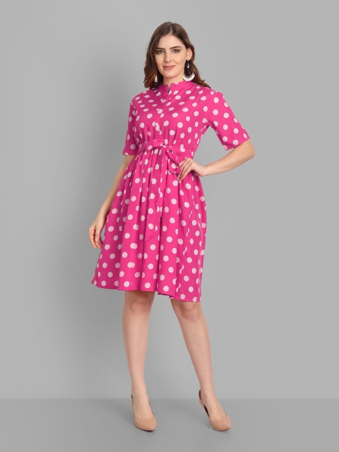 

SINGNI Women Pink Polka Dots Printed Fit & Flare Crepe Dress
