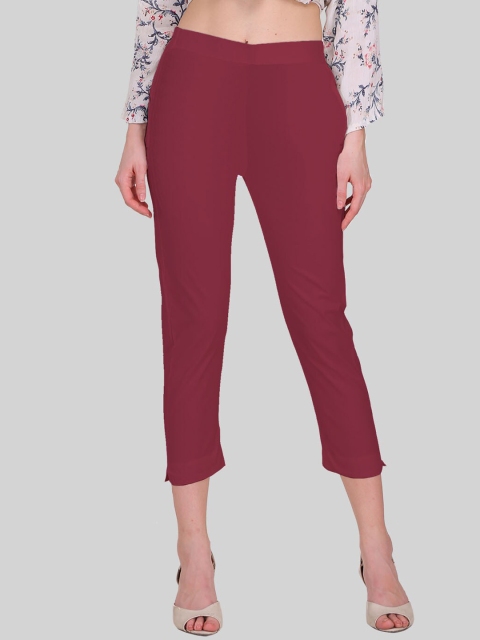 

SAUNDARYA Women Maroon Solid Cotton Cropped Cigarette Trousers