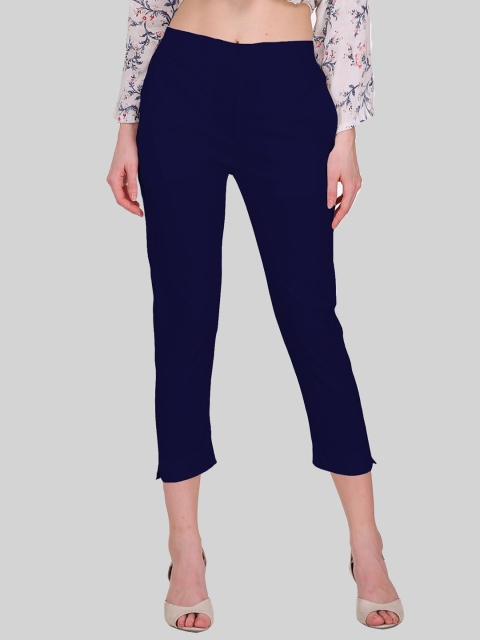 

SAUNDARYA Women Navy Blue Solid Pencil Tapered Fit Cotton Cropped Trousers