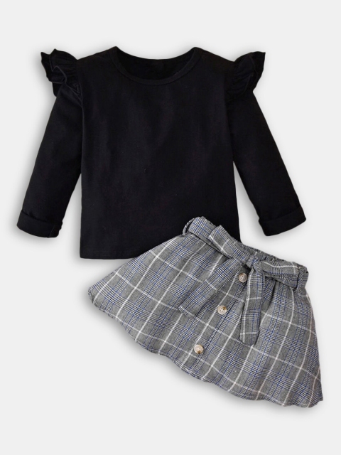 

Hopscotch Girls Black & Grey Pure Cotton Printed Top with Skirt