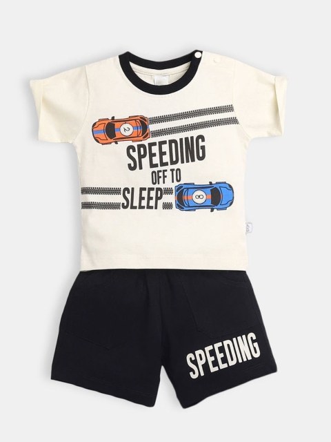 

Hopscotch Kids Boys Black And Cream Typography Printed Pure Cotton T Shirt With Shorts