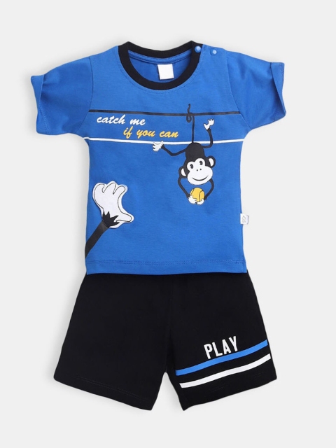 

Hopscotch Boys Blue & Black Printed Pure Cotton T-shirt with Shorts