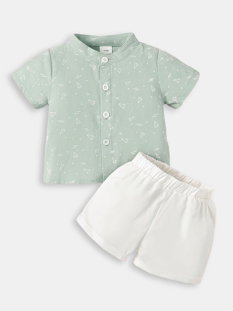 

Hopscotch Boys Green & White Printed Pure Cotton Shirt with Shorts