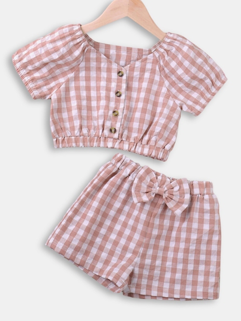 

Hopscotch Girls Pink & White Checked Pure Cotton Tops with Shorts