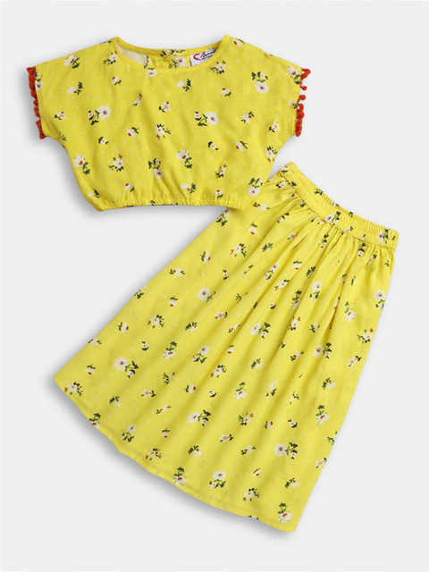 

Hopscotch Girls Yellow & White Printed Pure Cotton T-shirt with Skirt