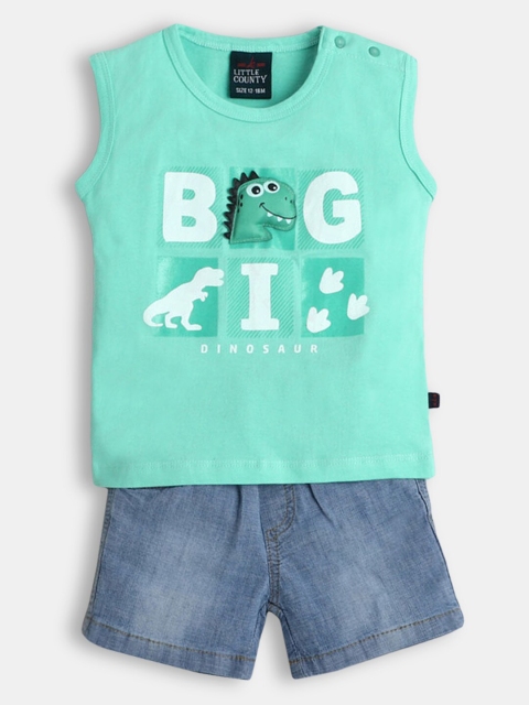 

Hopscotch Boys Green & Blue Printed T-shirt with Shorts