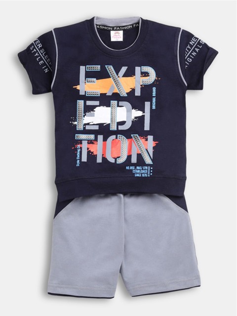 

Hopscotch Boys Navy Blue & Grey Printed T-shirt with Shorts