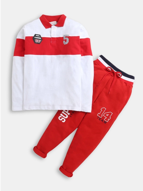 

Hopscotch Boys Red & White Printed Pure Cotton Top with Joggers