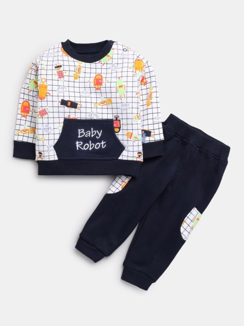 

Hopscotch Boys Navy Blue & White All-Over Printed Pure Cotton T-shirt with Trousers