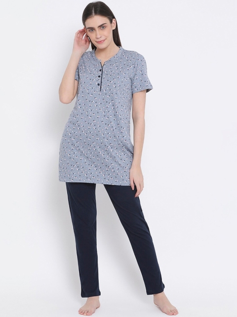 

Kanvin Women Navy Blue & Grey Printed Pure Cotton Night suit