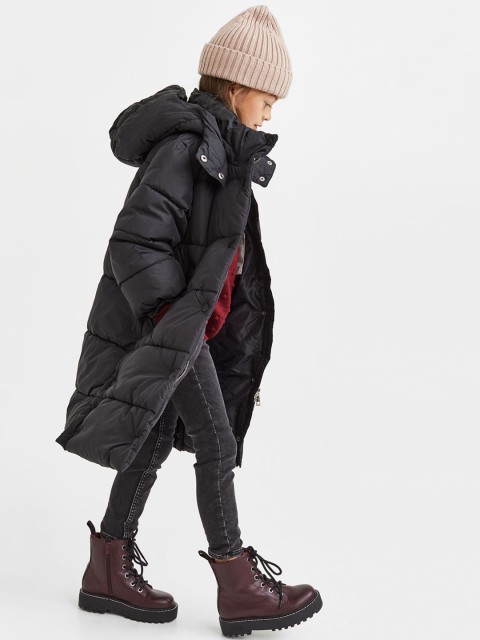 

H&M Girls Black Solid Puffer Hooded Coat