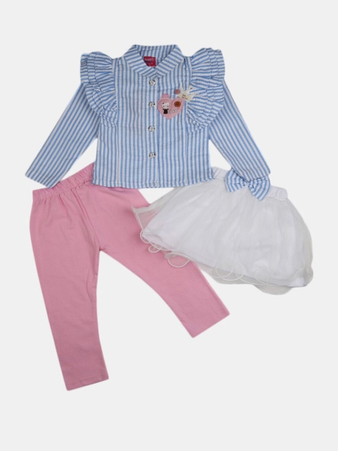 

V-Mart Unisex Kids White & Blue Printed Pure Cotton Top with Trouser & Skirt