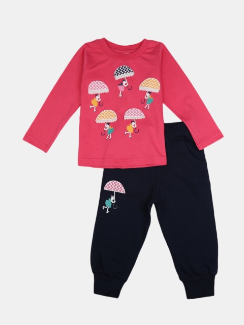 

V-Mart Kids Fuchsia & Black Printed Cotton T-shirt with Pyjama Set