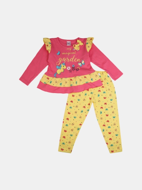 

V-Mart Unisex Kids Pink & Yellow Cotton Printed Top with Leggings Set