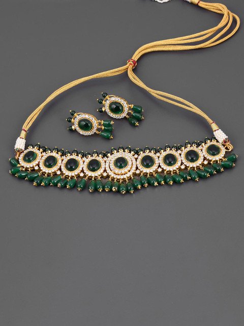 

Tistabene Gold-Plated & Green Stone Studded & Beaded Jewellery Set