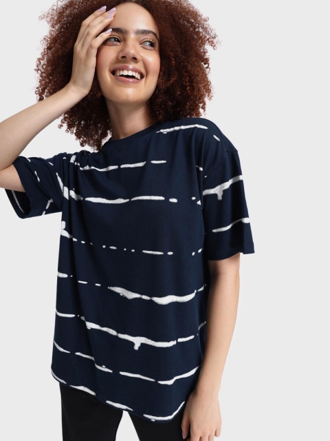 

Bewakoof Plus Women Navy Blue Striped Extended Sleeves Loose T-shirt