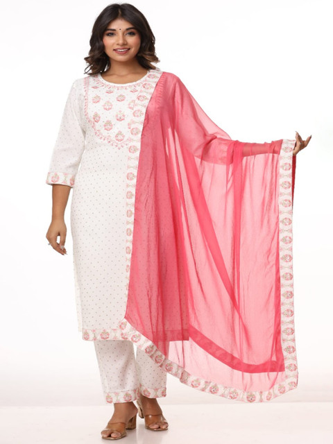 

RUHAZAT Women White Floral Printed Thread Work Kurta with Trousers & With Dupatta