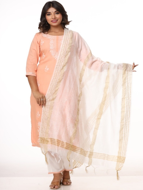 

RUHAZAT Women Orange Paisley Embroidered Kurta with Trousers & Dupatta