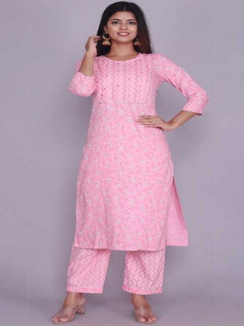 

RUHAZAT Women Pink Floral Printed Kurta with Trousers
