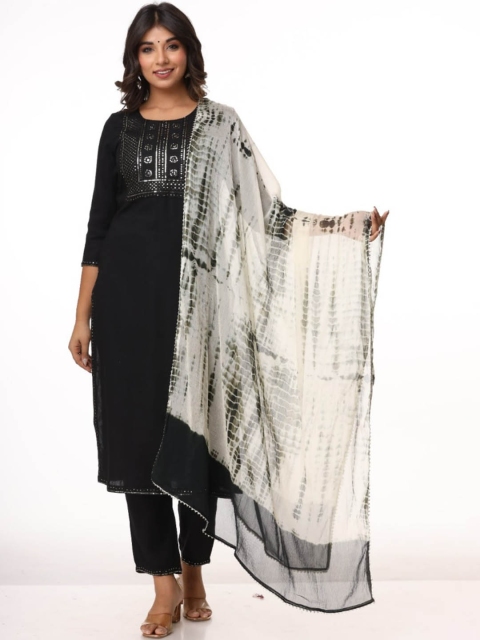 

RUHAZAT Women Black Yoke Design Kurta with Trousers & With Dupatta