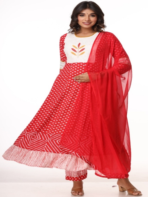 

RUHAZAT Women Red Printed Kurta with Trousers & With Dupatta