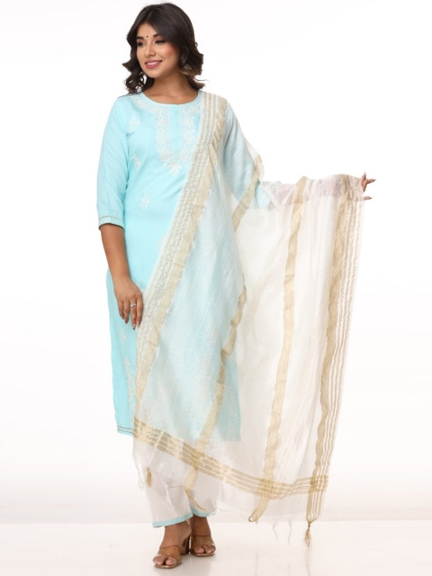 

RUHAZAT Women Blue Embroidered Thread Work Kurta with Trouser & With Dupatta