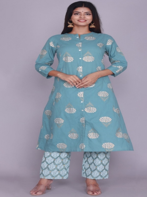 

RUHAZAT Women Blue Floral Printed Panelled Kurta with Trouser