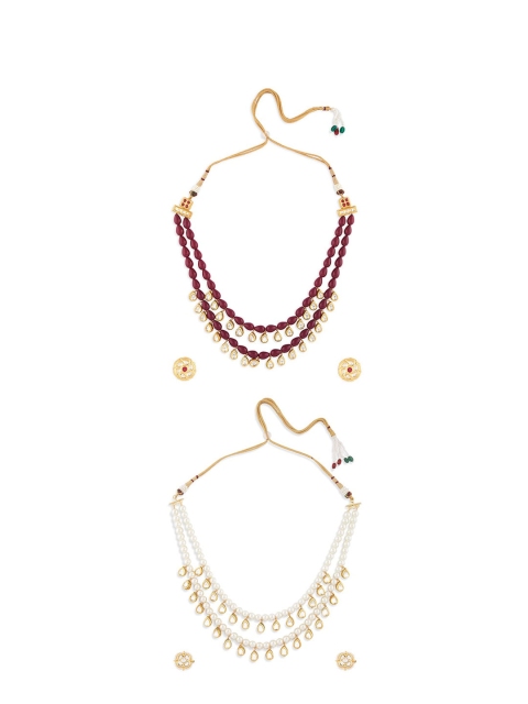

Ahaanya Set Of 2 Gold-Plated White & Maroon Stone-Studded & Pearl Beaded Jewellery Set