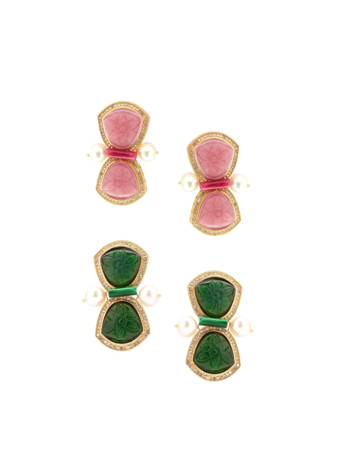 

Ahaanya Women Set Of 2 Pink & Green Contemporary Studs Earrings