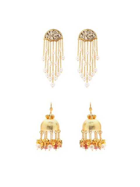 

Ahaanya White & Gold-Toned Set of 2 Contemporary Drop Earrings