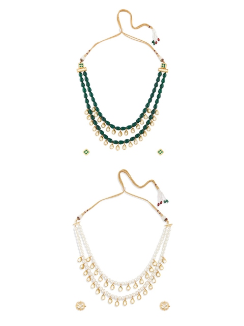 

Ahaanya Set of 2 Gold-Plated White & Green Pearl & Poklis Studded Jewellery Set