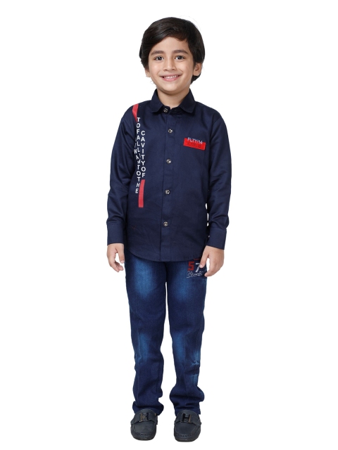 

DKGF FASHION Boys Navy Blue & Blue Printed Shirt