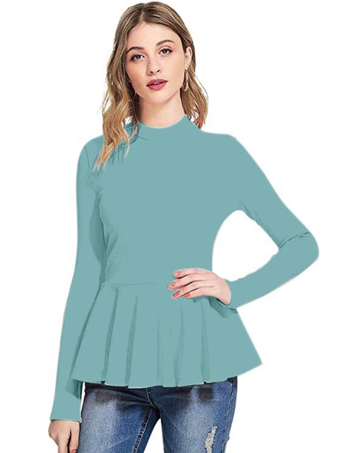 

SWEETPEL Women Turquoise Blue Solid High Neck Peplum Top