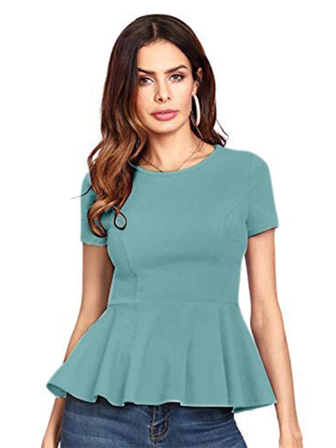 

SWEETPEL Turquoise Blue Solid Peplum Top