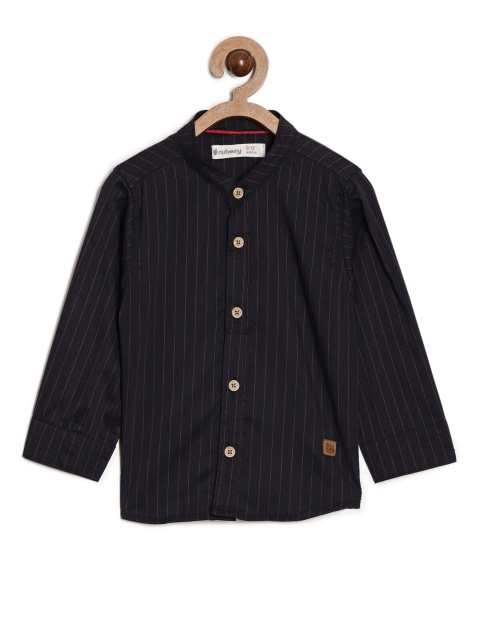 

Nuberry Boys Navy Blue Slim Fit Striped Pure Cotton Casual Shirt