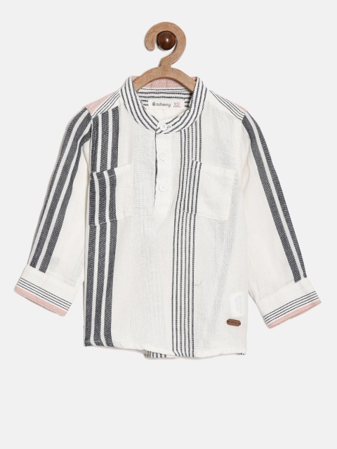 

Nuberry Boys White Slim Fit Striped Pure Cotton Casual Shirt