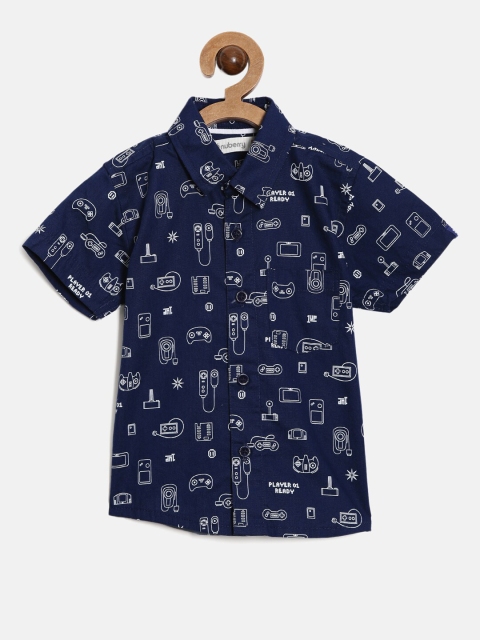 

Nuberry Boys Navy Blue Slim Fit Printed Pure Cotton Casual Shirt