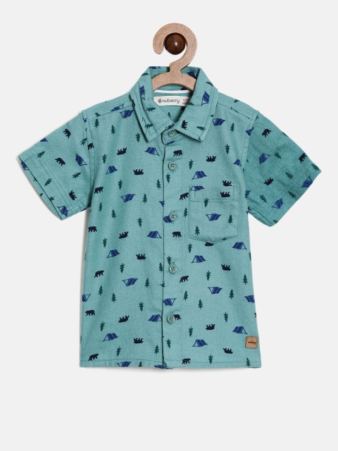

Nuberry Boys Sea Green Slim Fit Printed Cotton Casual Shirt