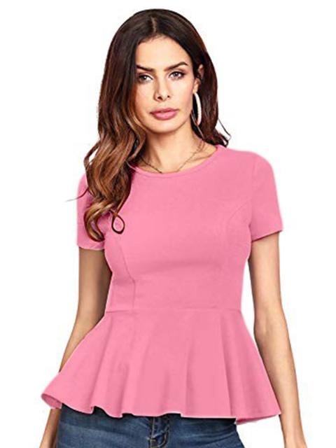 

LOOKFIELD Women Pink Solid Short Sleeves Peplum Top