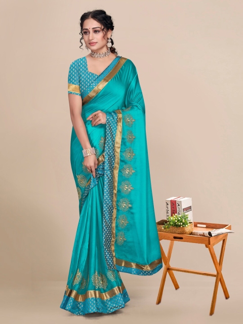 

Mitera Turquoise Blue & Gold-Toned Zari Pure Chiffon Saree