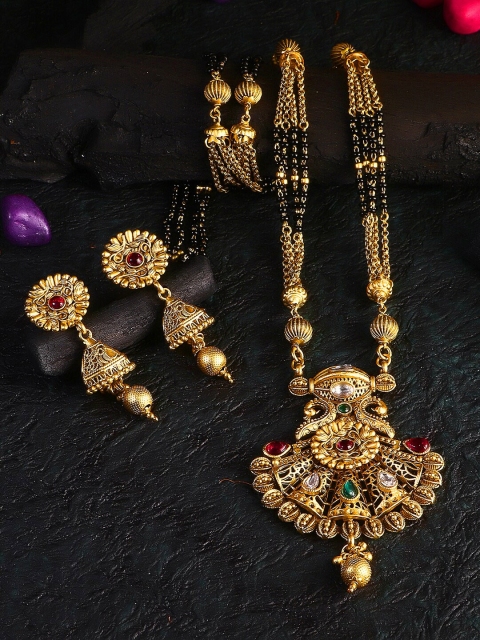 

Adwitiya Collection Gold-Plated Black & Red Stone-Studded & Beaded Mangalsutra With Earrings