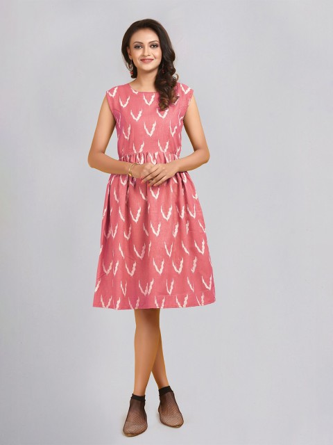 

Atsevam Peach-Coloured & White Printed Cotton A-Line Dress