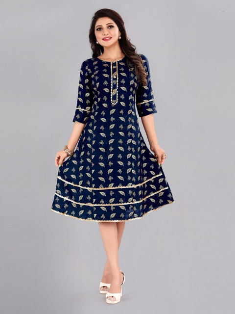 

Atsevam Women Blue Ethnic Motifs A-Line Midi Dress