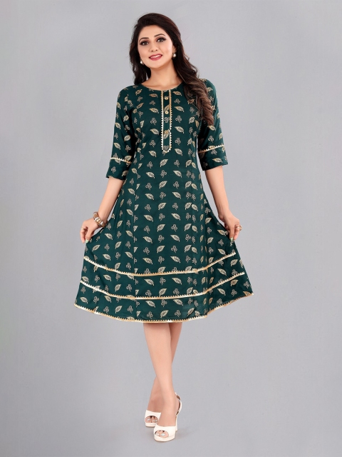 

Atsevam Women Green & Gold-Toned Ethnic Motifs Ethnic A-Line Midi Dress