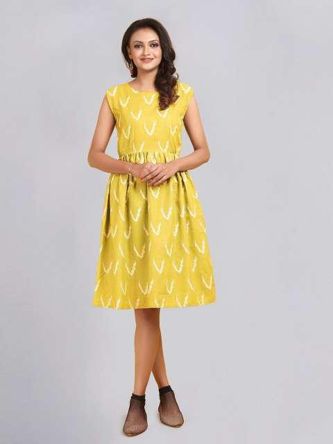 

Atsevam Women Yellow & White Printed Sleeveless Cotton A-Line Dress
