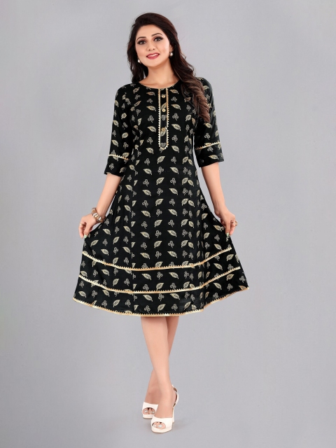 

Atsevam Women Black Ethnic Motifs A-Line Midi Dress