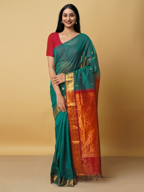 

Unnati Silks Green & Maroon Woven Design Zari Pure Cotton Gadwal Saree