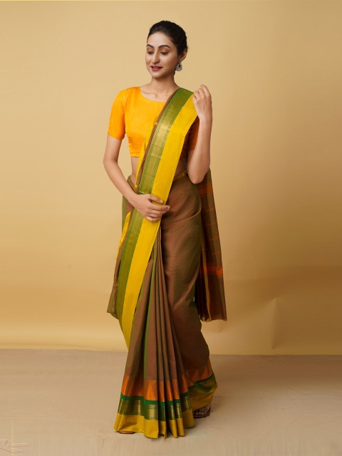 

Unnati Silks Brown & Green Woven Design Zari Pure Cotton Kanjeevaram Saree