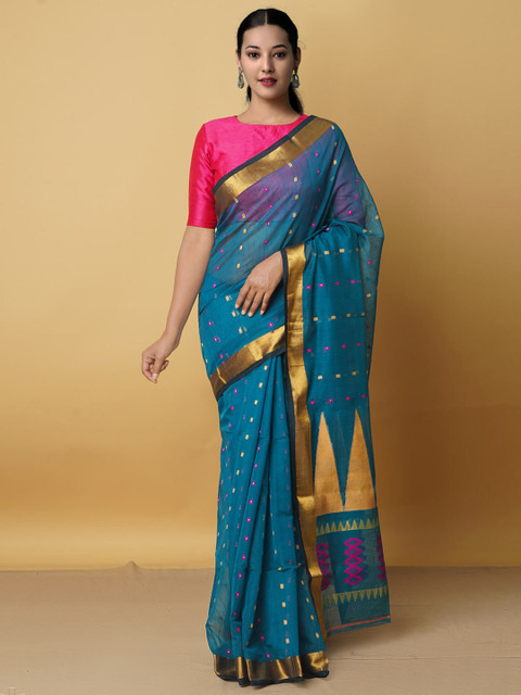 

Unnati Silks Blue & Purple Zari Silk Cotton Handloom Maheshwari Saree