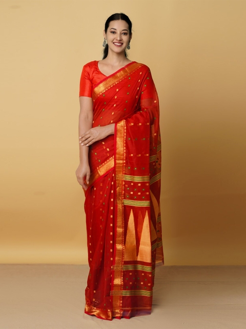 

Unnati Silks Red & Gold-Toned Zari Silk Cotton Maheshwari Saree